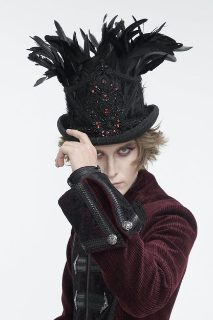 Black Embroidered Men's Gothic Palace Accessory Floral Feather Top Hat