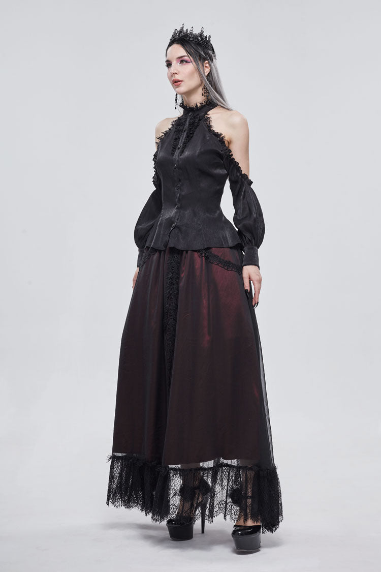 Black Lantern Sleeves Off The Shoulder Halter Lace Ruffled Women's Gothic Shirt
