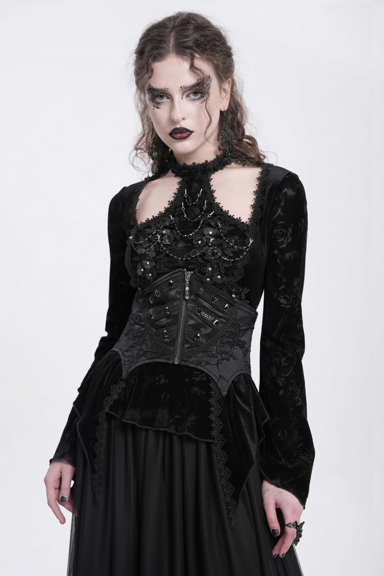 Black Batwing Beaded Lace-Up Zipper Women's Underbust Corset