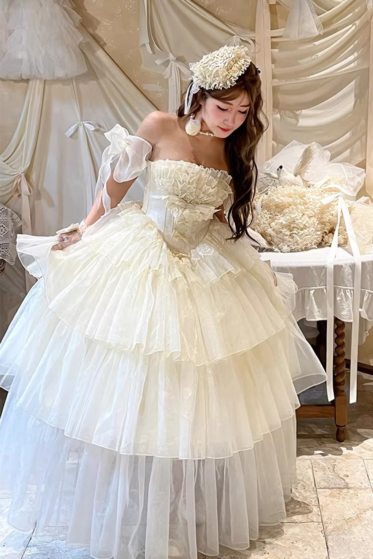 Beige [Mousse Serenade] Triple-Layered Ruffled Hanayome Bow Lace Sweet Princess Lolita Strapless Dress
