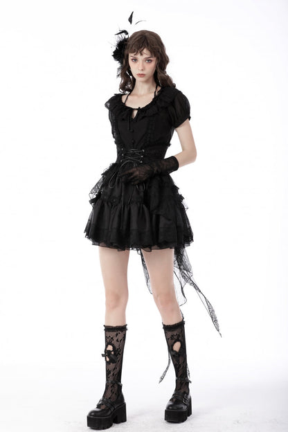 Black Lace-Up Multi-Layered Lace Women's Gothic Fishtail High Low Tunic Skirt