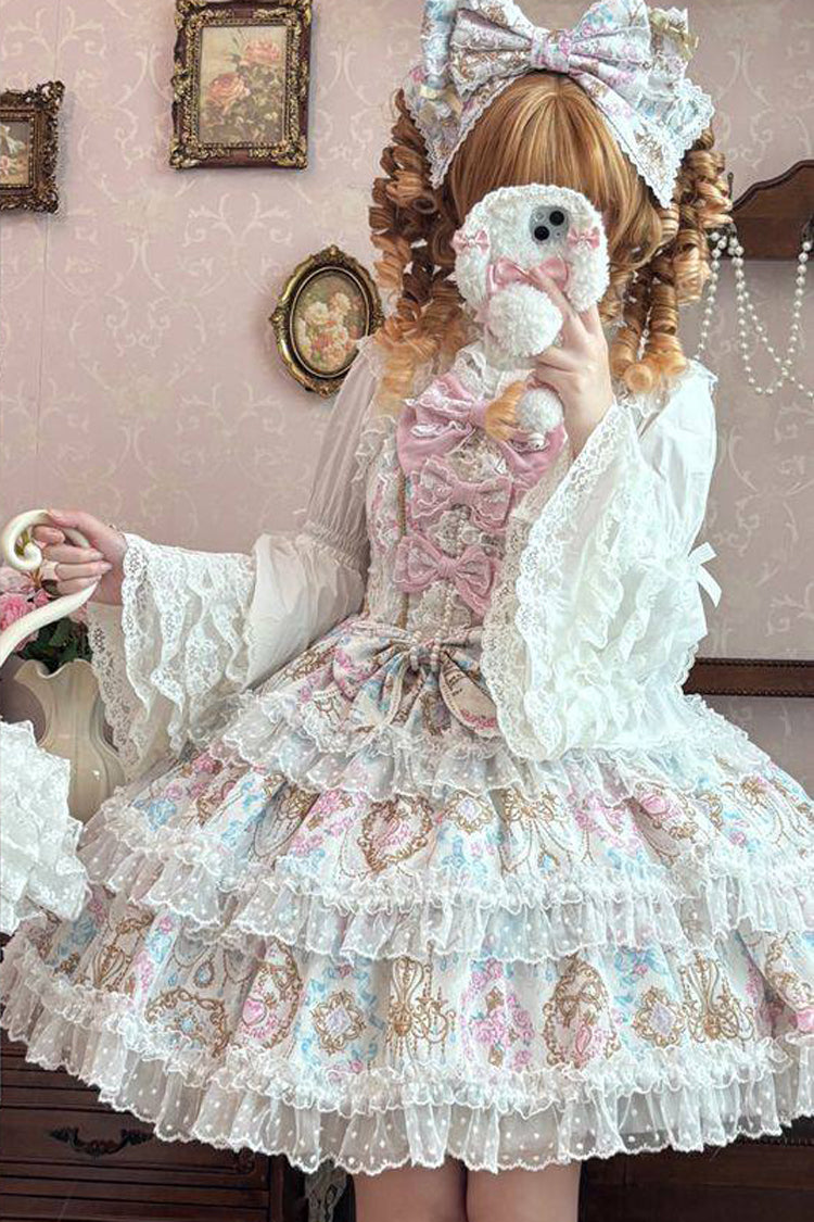 Apricot [Candelabrum Elegy] Sleeveless Triple-Layered Flower Wall Printed Ruffled Bow Lace Sweet Lolita Jsk Dress