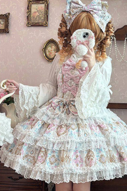 Apricot [Candelabrum Elegy] Sleeveless Triple-Layered Flower Wall Printed Ruffled Bow Lace Sweet Lolita Jsk Dress