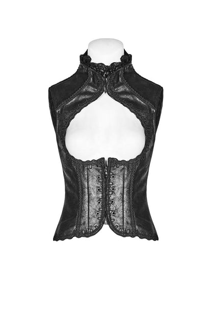 Black Back Waist Lace Up High Collar Front Metal Rivet Chest Hollow-Out Women's Punk Floral Vest