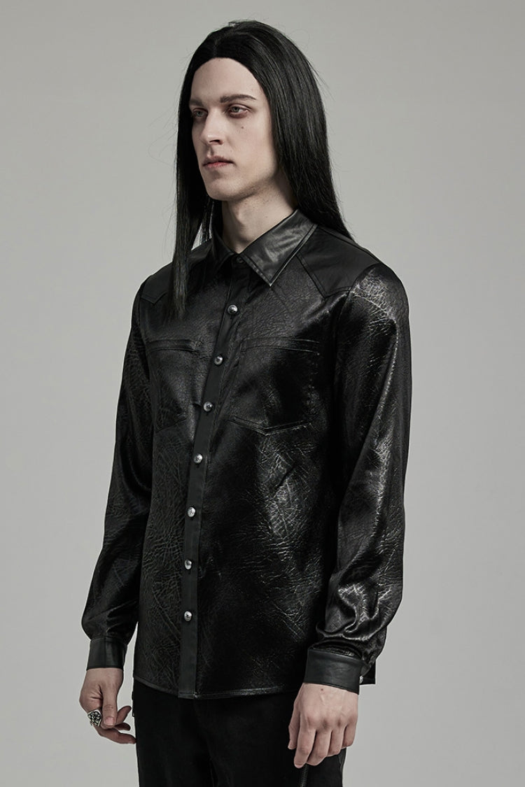 Black Lapel Collar Long Sleeves Faux Leather Men's Gothic Blouse