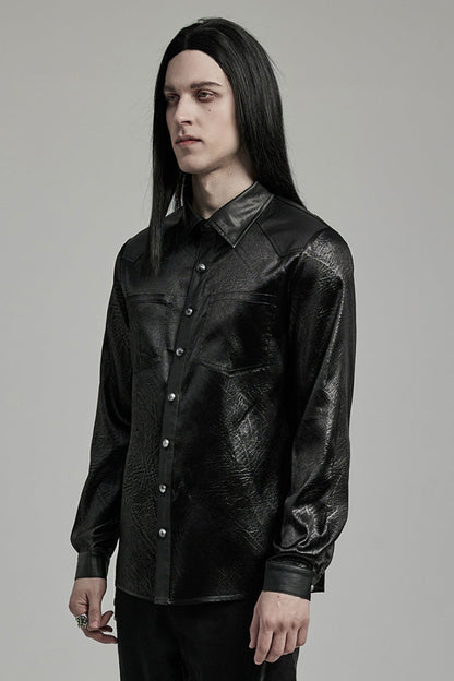 Black Lapel Collar Long Sleeves Faux Leather Men's Gothic Blouse
