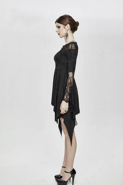 Black Horn Sleeves Off Shoulder Stretchy Knitted Sexy Lace Gothic Womens Dress