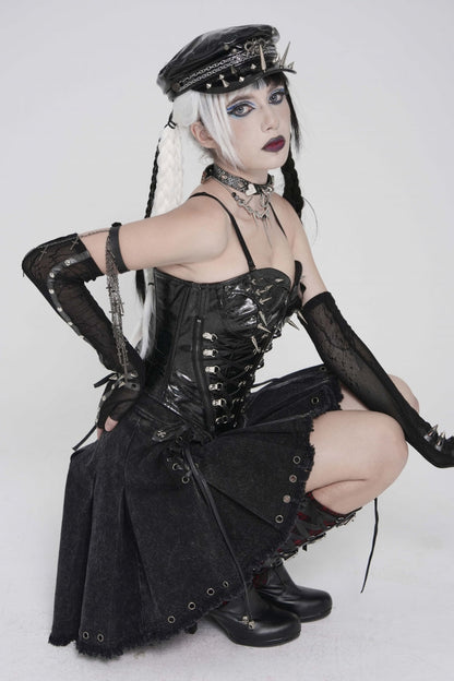 Black Lace-Up Pleated Eyelet Women's Punk Skirt