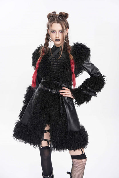 Black Long Sleeves Plush Stitching Buckle Hooded Straps Women's Punk Coat