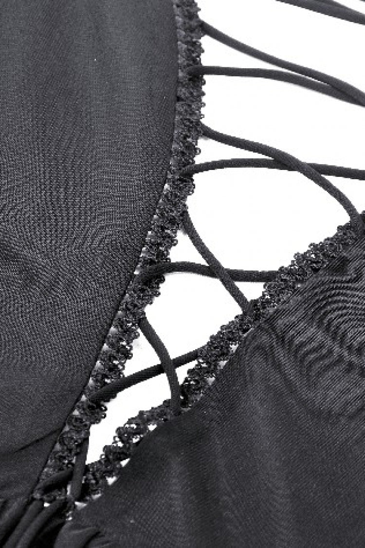 Black Off Shoulder Boat Neck Multi-Layered Long Trumpet Sleeves Lace Spliced Tulle Lace-Up Women's Gothic Fantasy Dress