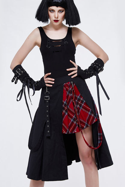 Black And Red Young Girls Fake 2 Pieces Scottish Plaid With Adjust Loops Punk Skirt