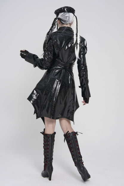 Black Lapel Collar Long Sleeves Lace-Up Irregular Eyelets & Rings Women's Punk Coat