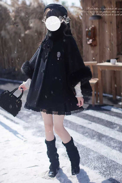 Black Long Sleeves Lace Gothic Japanese Lolita Fluffy Cloak Coat