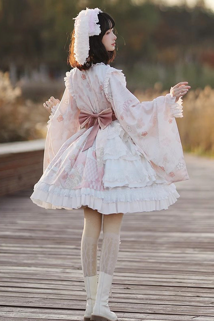 Apricot Long Trumpet Sleeves Cherry Blossom Print Ruffle Sweet Japanese Lolita Dress
