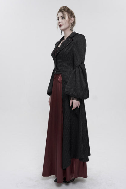 Black Jacquard Short Front Long Back Lapel Bead And Chain Trim Large Cuffs With Lace Trim Back Strap Thin Long Women's Gothic Coat