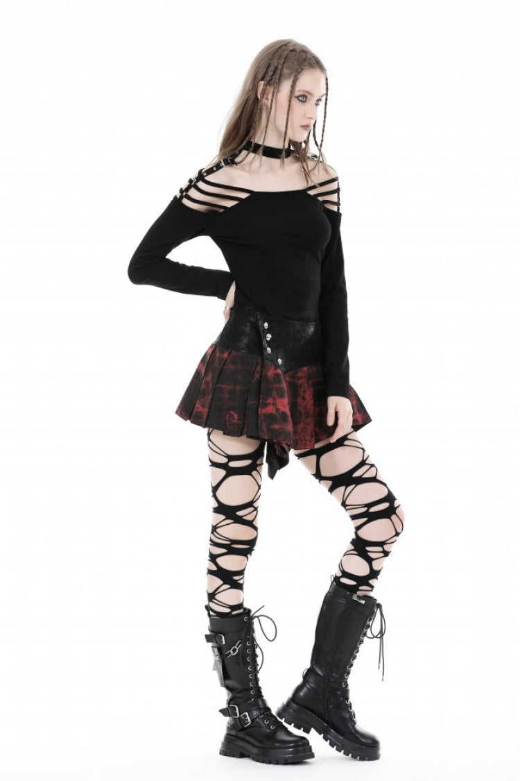 Black Off Shoulder Long Sleeves Cut-Out Buckled Women's Punk Blouse