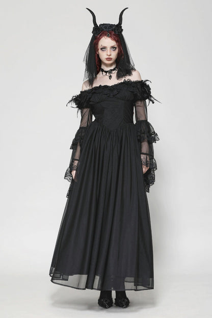 Black Off Shoulder Boat Neck Multi-Layered Long Trumpet Sleeves Lace Spliced Tulle Lace-Up Women's Gothic Fantasy Dress
