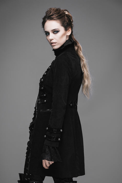 Black Floral Flocking Leather Loops Stand Collar Poncho Womens Gothic Coat