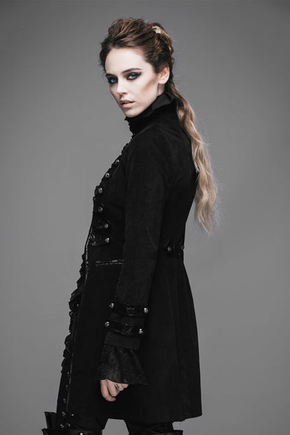 Black Floral Flocking Leather Loops Stand Collar Poncho Womens Gothic Coat