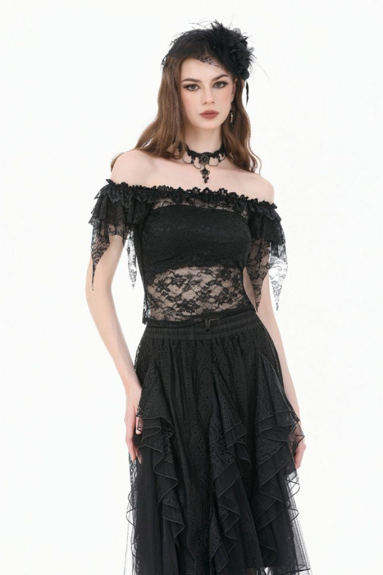 Black Off Shoulder Floral Sheer Lace Women's Gothic Top
