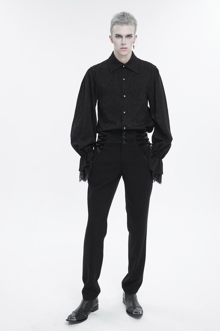 Black Lapel Collar Puff Sleeved Lace Hem Men's Gothic Shirt