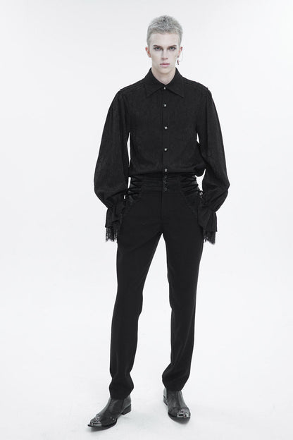 Black Lapel Collar Puff Sleeved Lace Hem Men's Gothic Shirt