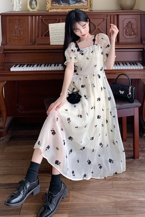 Beige French Square Collar Short Sleeves Rose Print Long Plus Size Sweet Lolita Dress