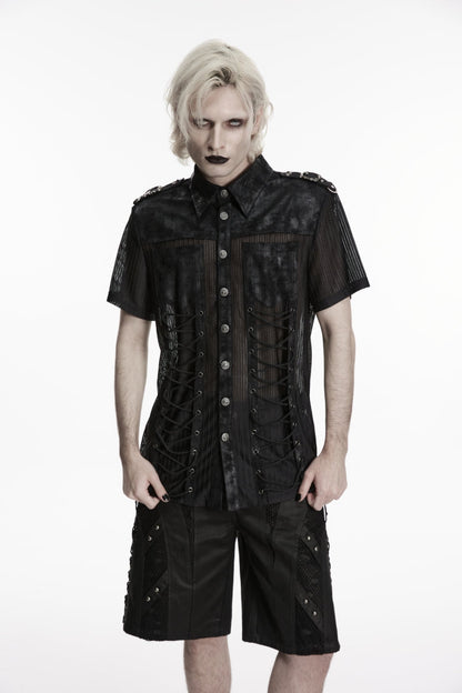 Black Lapel Collar Short Sleeves Spliced Lace-Up Sheer Mesh Eyelet Men's Punk Handsome Shirt