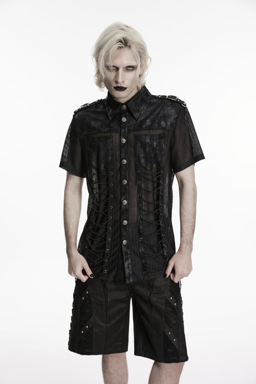 Black Lapel Collar Short Sleeves Spliced Lace-Up Sheer Mesh Eyelet Men's Punk Handsome Shirt