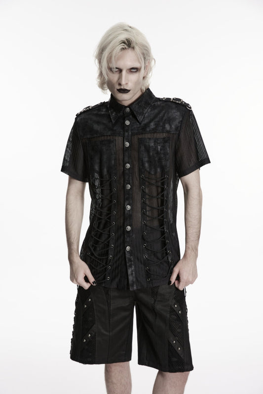 Black Lapel Collar Short Sleeves Spliced Lace-Up Sheer Mesh Eyelet Men's Punk Handsome Shirt
