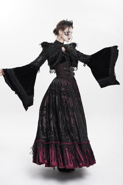 Black Long Sleeves Floral Embroidery Women's Gothic Beaded Frog Short Jacket