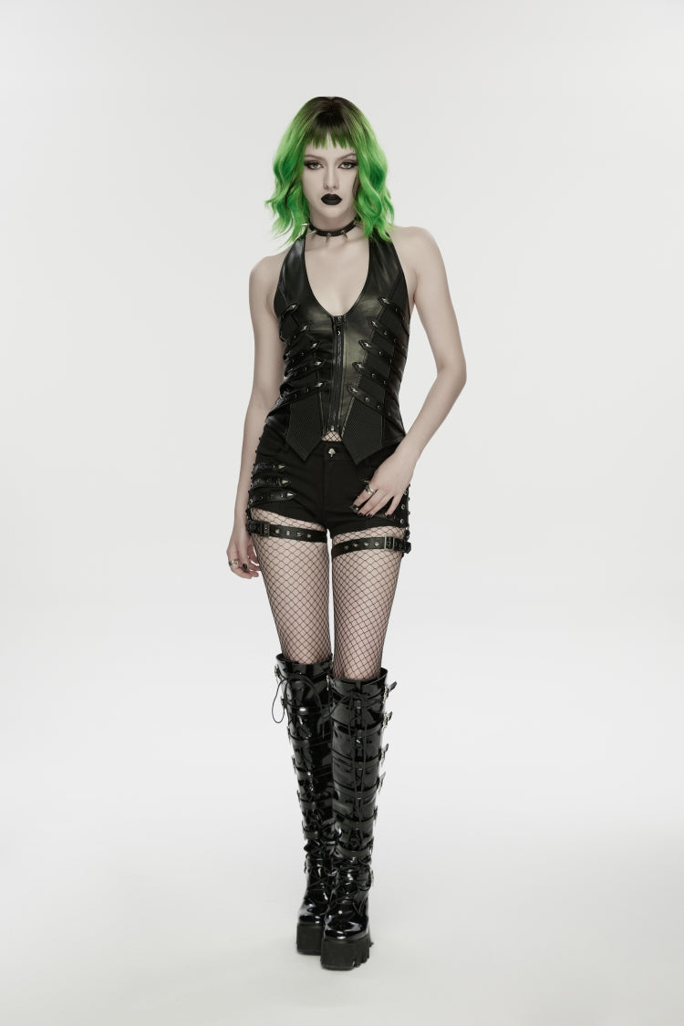 Black Halterneck Slim Studded Zippered Women's Punk Vest