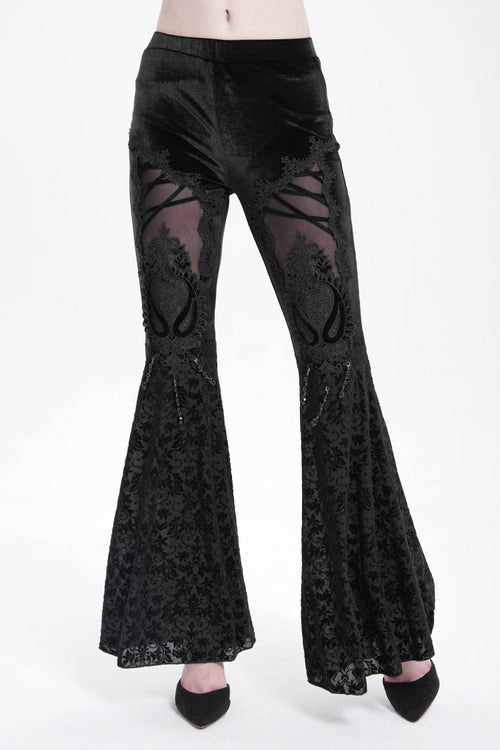 Black Hollow Floral Embroidery Women's Gothic Flared Pants