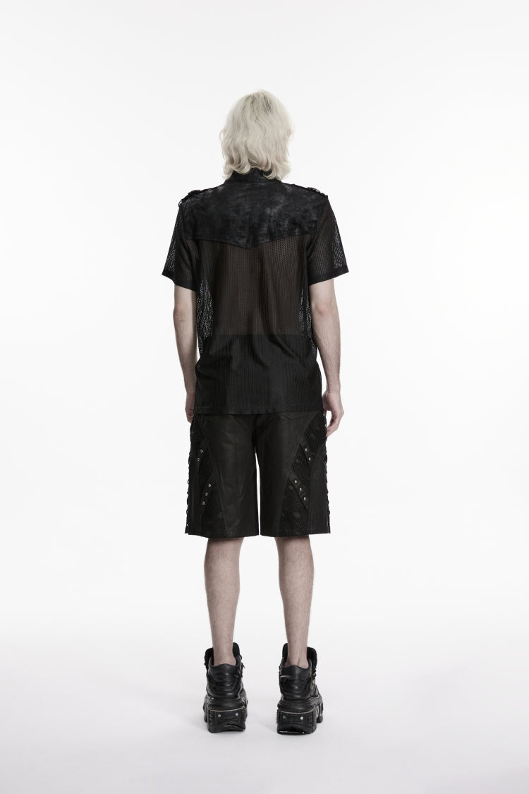 Black Lapel Collar Short Sleeves Spliced Lace-Up Sheer Mesh Eyelet Men's Punk Handsome Shirt