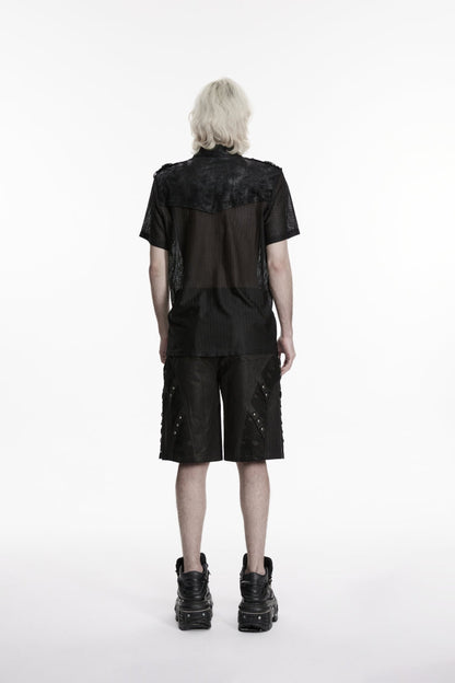 Black Lapel Collar Short Sleeves Spliced Lace-Up Sheer Mesh Eyelet Men's Punk Handsome Shirt