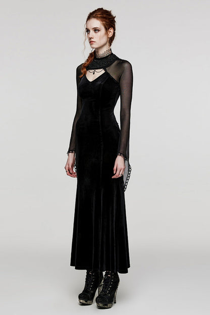 Black Long Sleeves Hollow Stitching Lace Sheer Women's Gothic Gorgeous Dress
