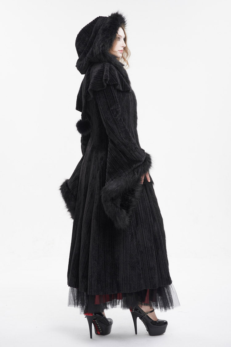 Black Flared Sleeved Fluffy Long Women's Gothic Coat With Hood
