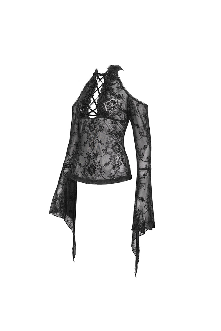 Black Off Shoulder Flared Sleeved Lace Mesh Women's Gothic Shirt