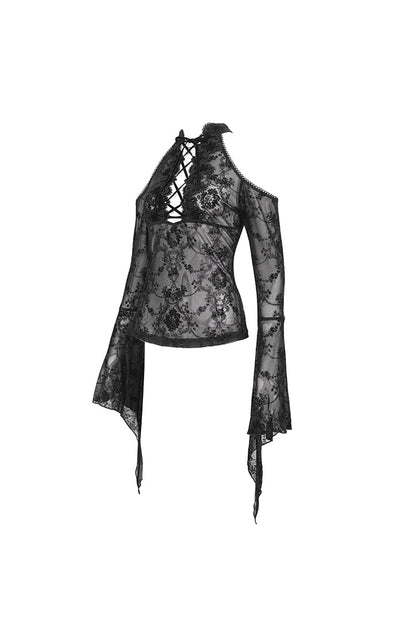 Black Off Shoulder Flared Sleeved Lace Mesh Women's Gothic Shirt