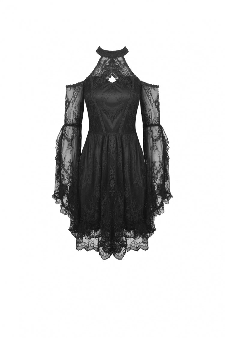 Black Off Shoulder Halterneck Long Sleeves Lace Women's Gothic Dress