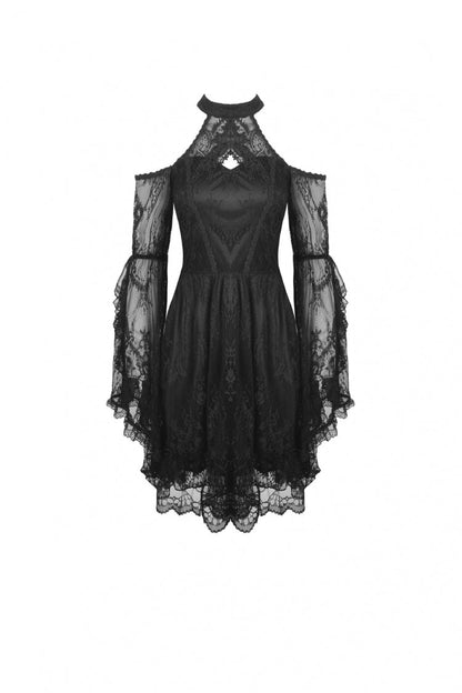 Black Off Shoulder Halterneck Long Sleeves Lace Women's Gothic Dress