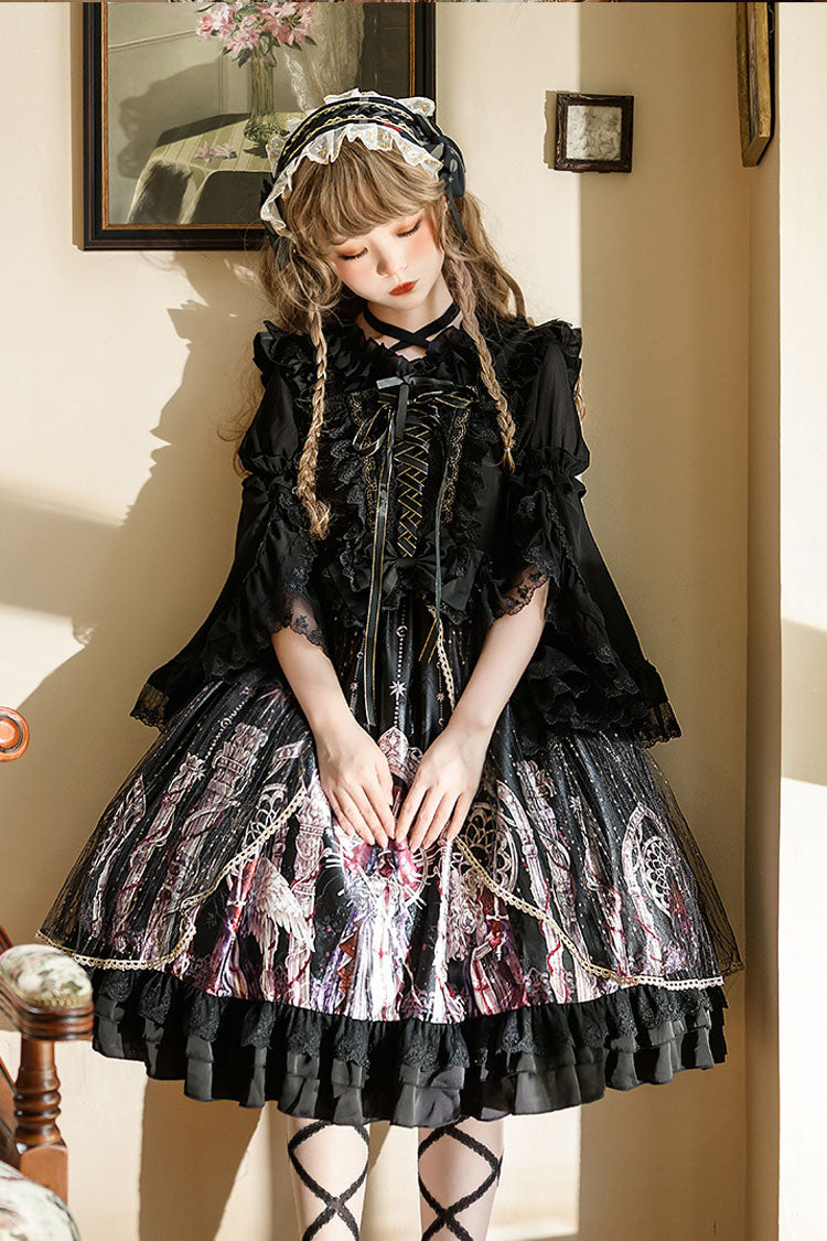 Black Ancient Mythology Angel Wings Print Mesh Stitching Bowknot Ruffled Gothic Lolita Jsk Dress