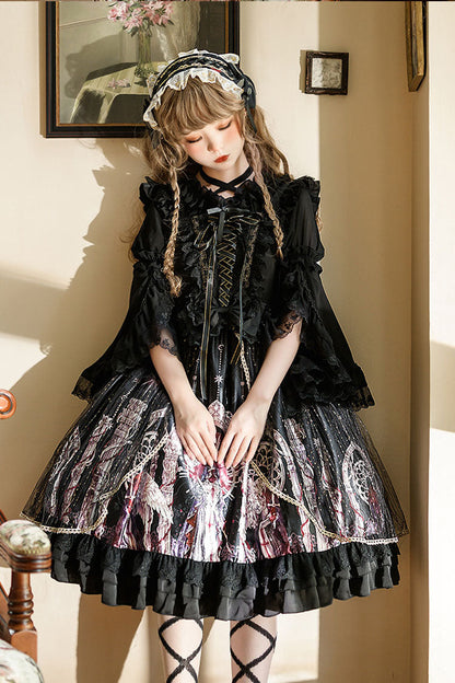 Black Ancient Mythology Angel Wings Print Mesh Stitching Bowknot Ruffled Gothic Lolita Jsk Dress