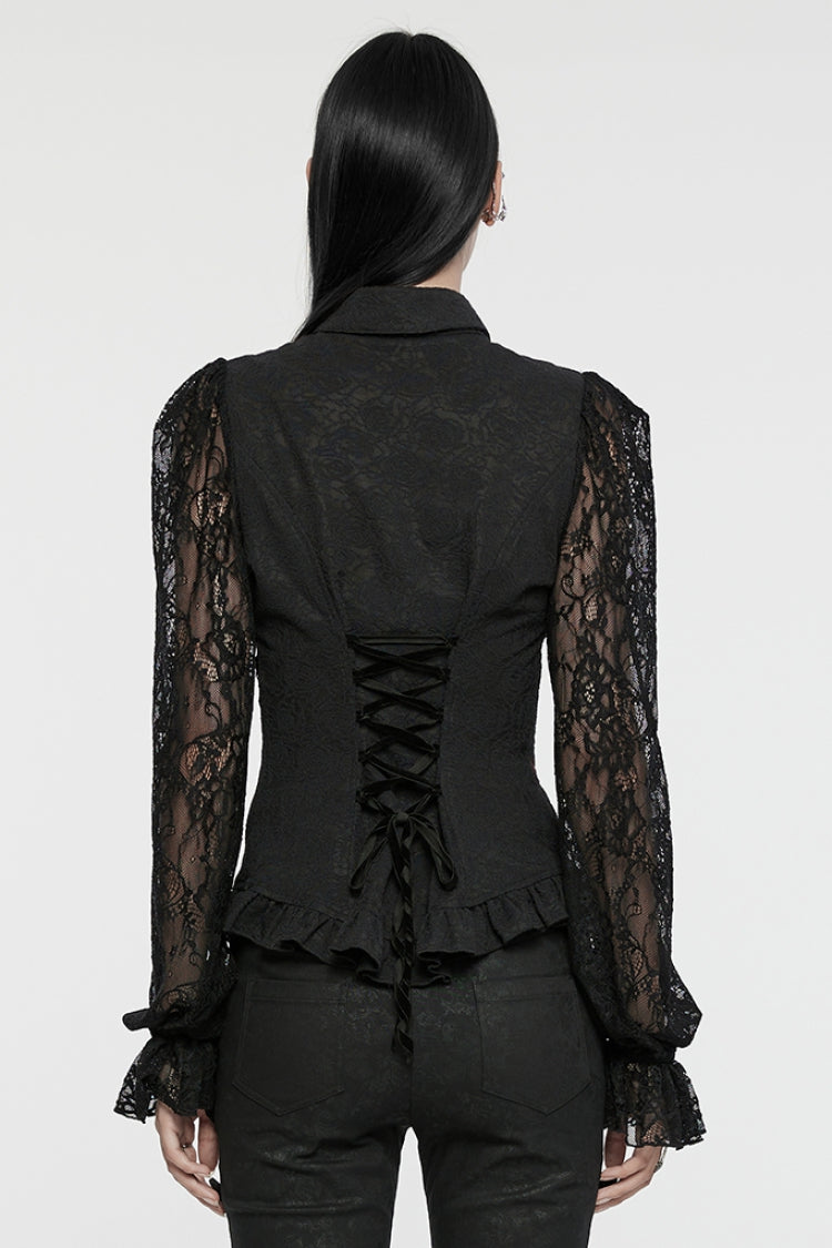 Black Lapel Collar Puff Sleeves Ruffle Stitching Lace Women's Gothic Blouse