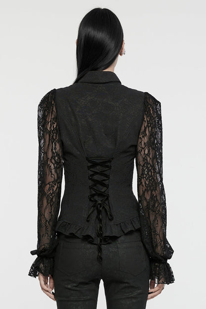 Black Lapel Collar Puff Sleeves Ruffle Stitching Lace Women's Gothic Blouse