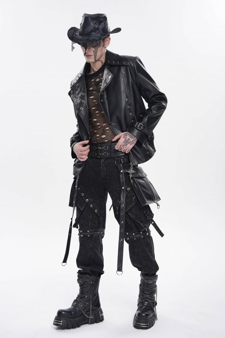 Black Lace-Up Studded Buckled Zippered Eyelet Men's Punk Cool Accessory with Pouches