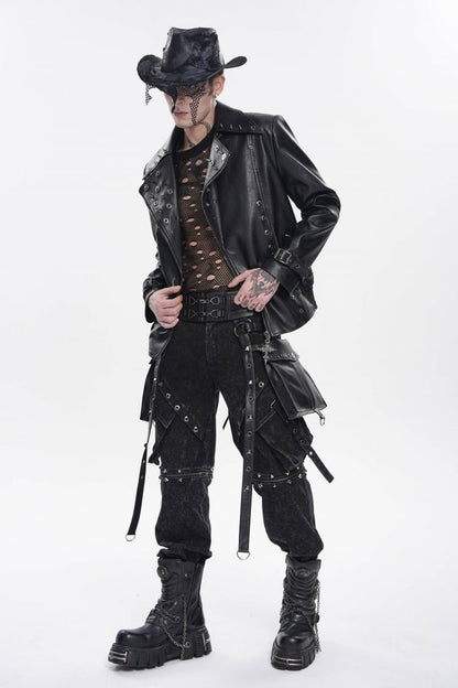 Black Lace-Up Studded Buckled Zippered Eyelet Men's Punk Cool Accessory with Pouches