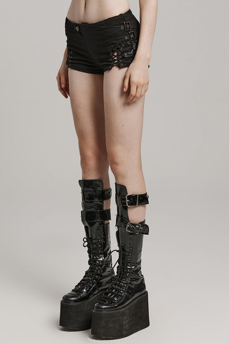 Black Lace-Up Mesh Buckle Women's Punk Shorts