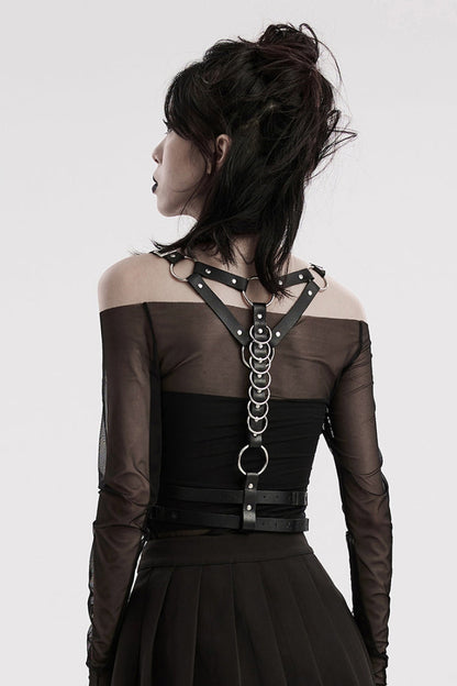 Black Adjustable Double-shoulder Faux Leather Multiple Metal Rings Women's Steampunk Harness