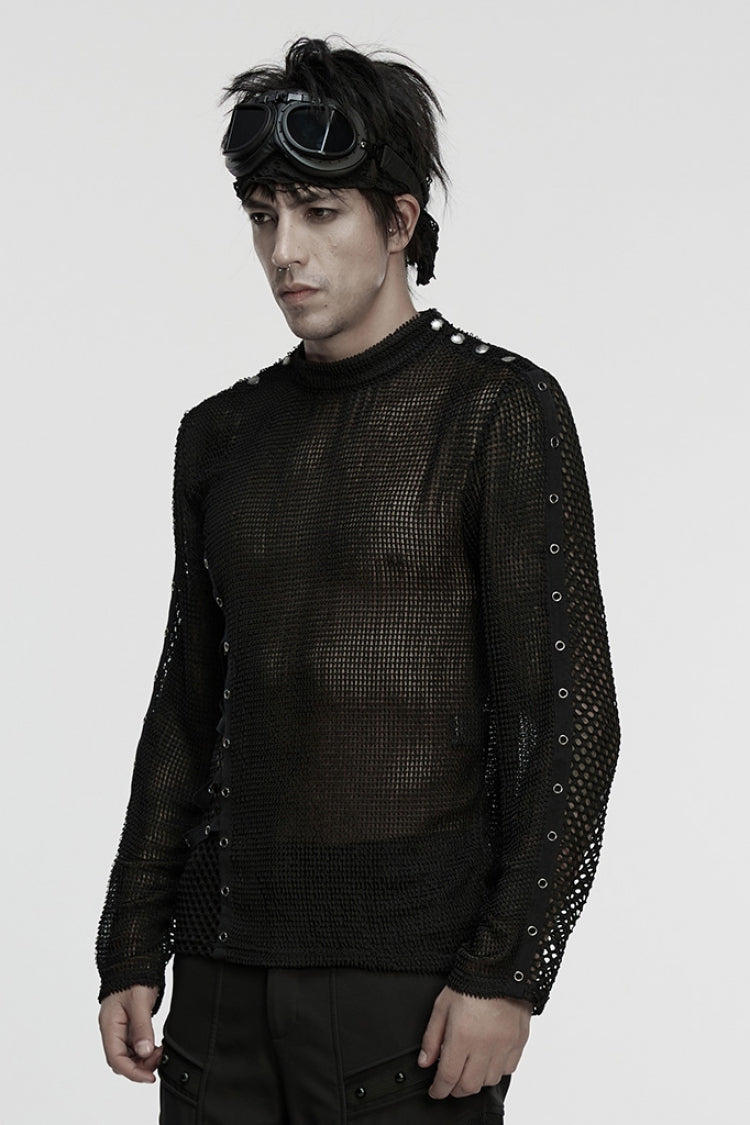 Black Long Sleeves Mesh Eyelet Men's Punk T-Shirt